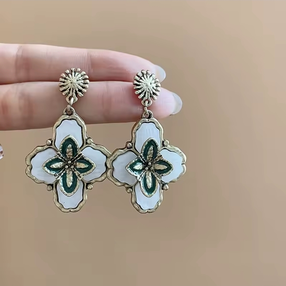 Vintage Gold & White Enamel Floral Drop Earrings with Green Accents - Picture 5 of 8
